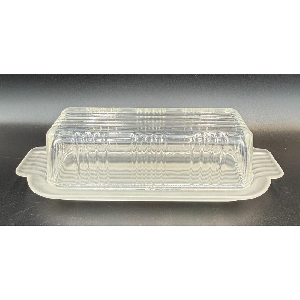 Ribbed Glass Butter Dish w/ Clear Lid and Frosted Base VTG Retro *** READ